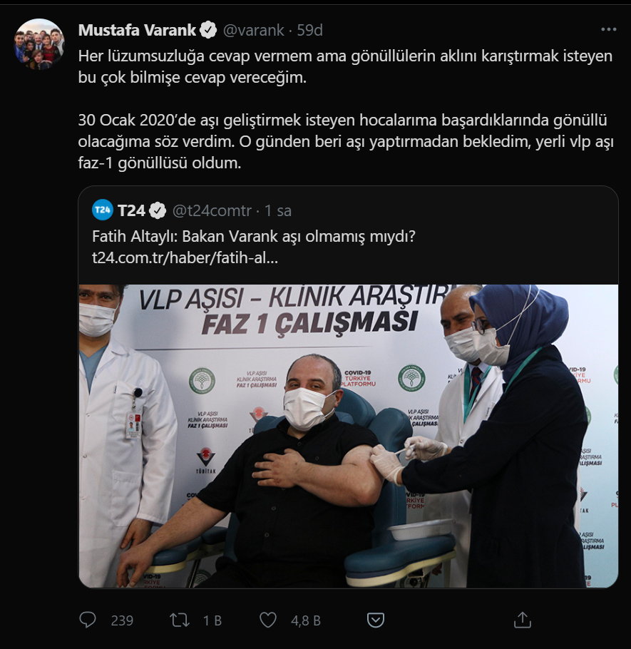 Bakan Varank'tan Fatih Altaylı'ya aşı yanıtı