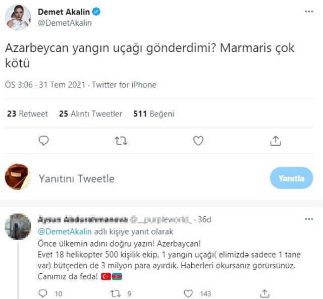 "Azerbaycan yangın uçağı gönderdi mi?" diye soran Demet Akalın'a Azeri takipçisinden sert cevap