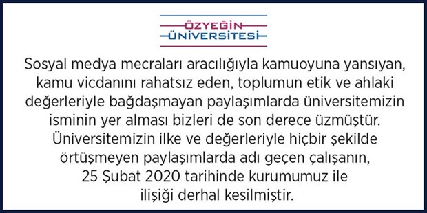 Özyeğin Üniversitesi, Atakan için 'En güzel tedavi tecavüz' diyen çalışanının işine son verdi