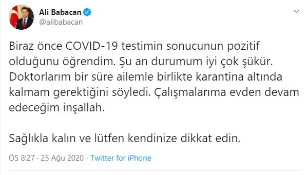 Ali Babacan koronavirüse yakalandı