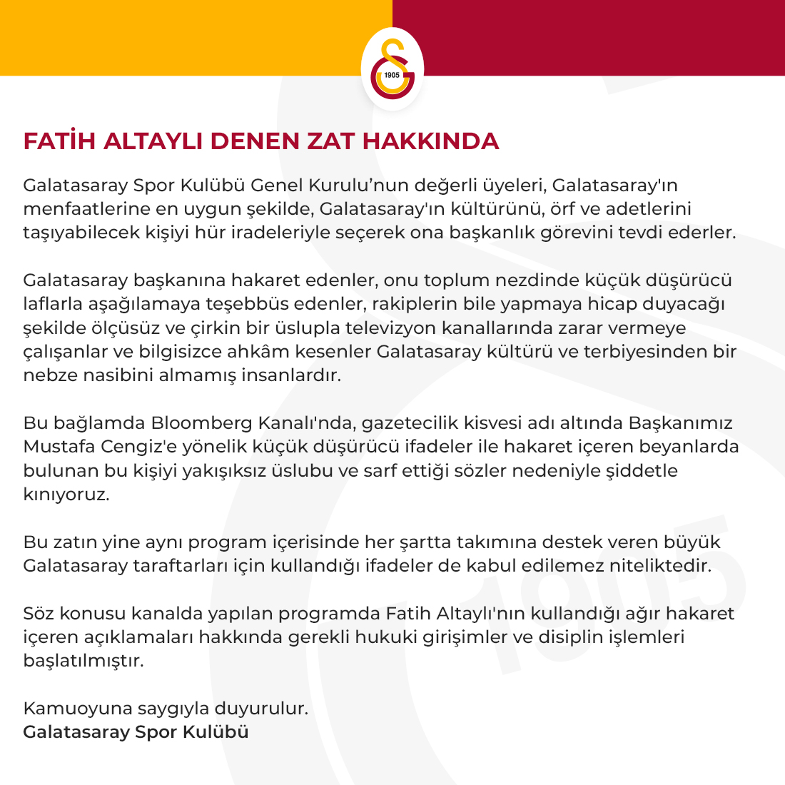 Galatasaray'dan Fatih Altaylı açıklaması: "Fatih Altaylı denen zat!"