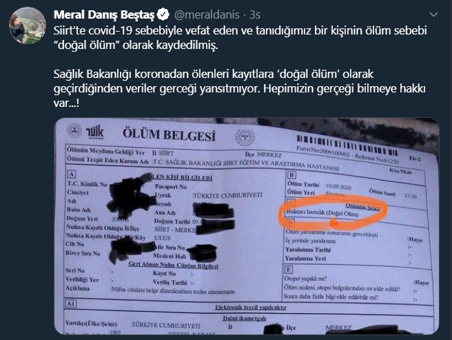 Meral Danış Beştaş: Sağlık Bakanlığı koronadan ölenleri kayıtlara ‘doğal ölüm’ olarak geçiriyor