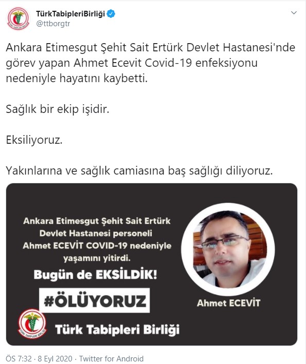 Sağlık personeli Ahmet Ecevit, Covid-19 nedeniyle yaşamını yitirdi