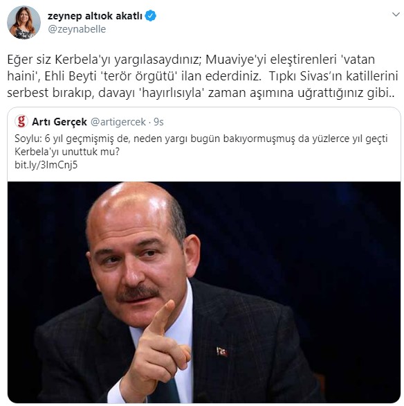 Zeynep Altıok, Süleyman Soylu'nun "Kerbela" benzetmesine "Sivas" üzerinden yanıt verdi