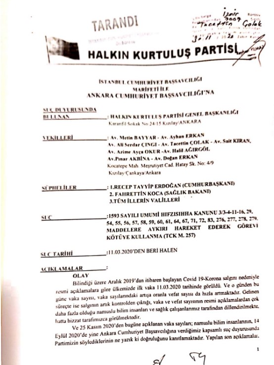 Erdoğan ve Sağlık Bakanı'na 'vaka sayılarını sakladıkları' gerekçesiyle suç duyurusunda bulunuldu