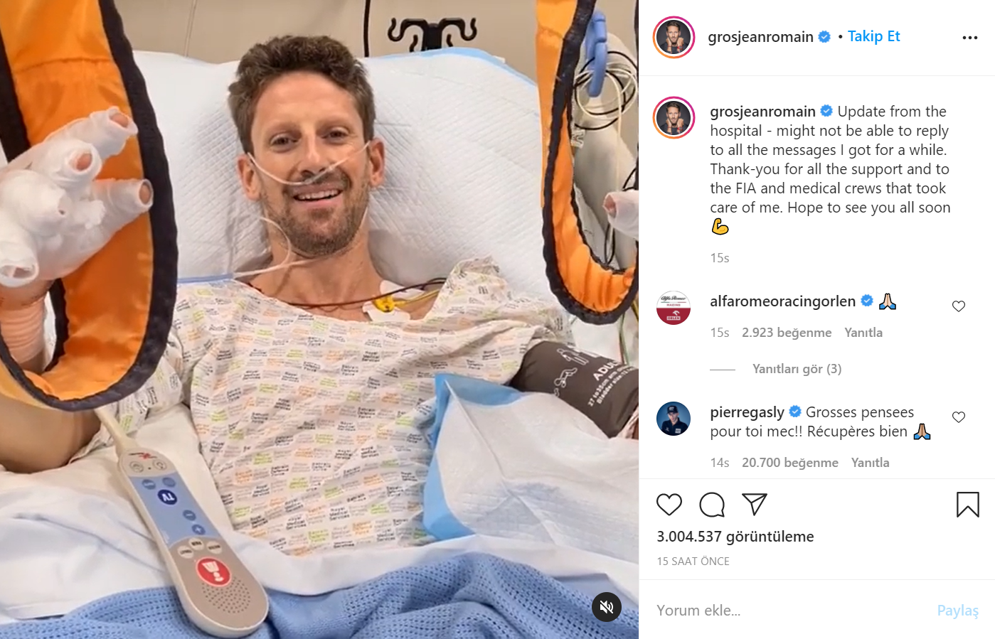 Yanan araçtan kurtulan F1 pilotu Grosjean: İyiyim, yani iyi sayılırım