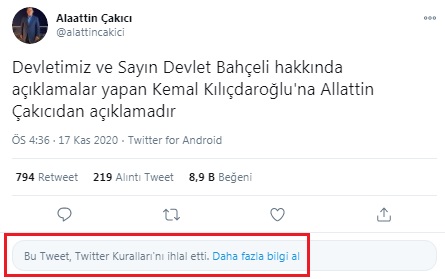 Alaattin Çakıcı'nın tehdit tweeti silindi