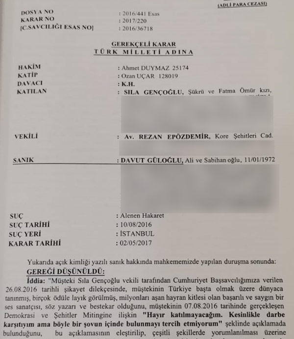 Sıla'nın Güloğlu'na açtığı hakaret davasında yeni karar