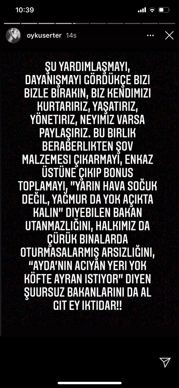 Öykü Serter’den çok sert deprem eleştirisi: Şuursuz bakanlarını da al git ey iktidar 6 Öykü Serter’den çok sert deprem eleştirisi: Şuursuz bakanlarını da al git ey iktidar