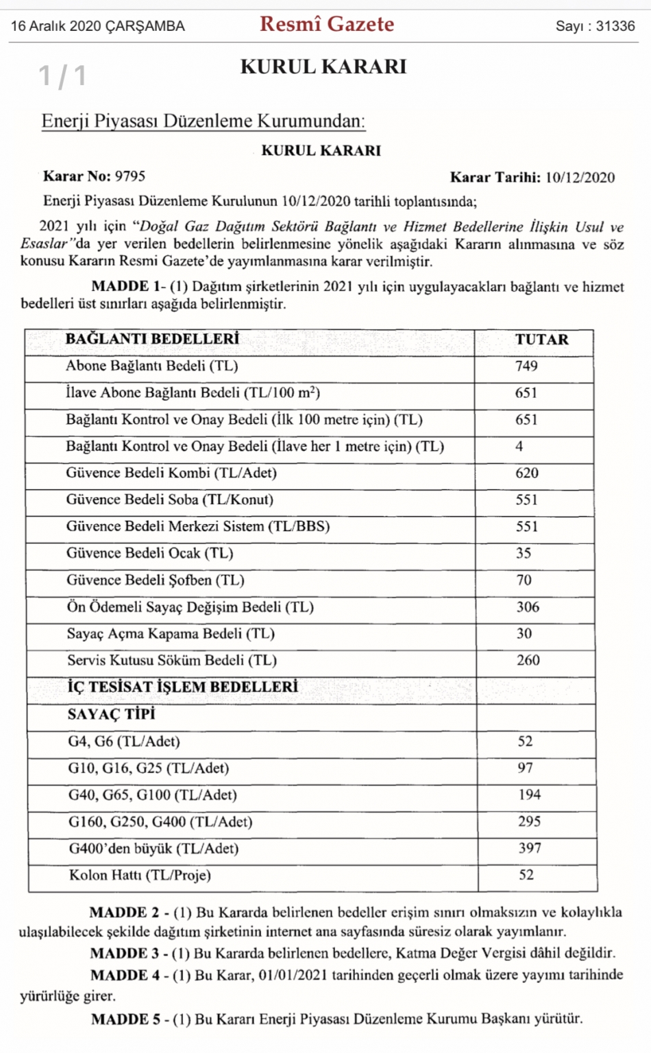 Doğalgaz bağlantı ve hizmet bedellerine zam!
