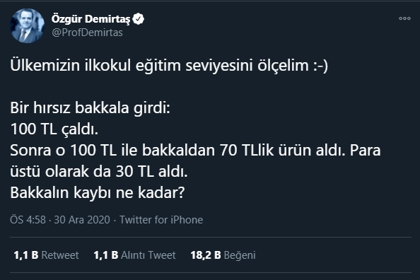 Prof. Dr. Demirtaş'ın sosyal medyada kafaları karıştıran paylaşımı: Ülkemizin ilkokul eğitim seviyesini ölçelim