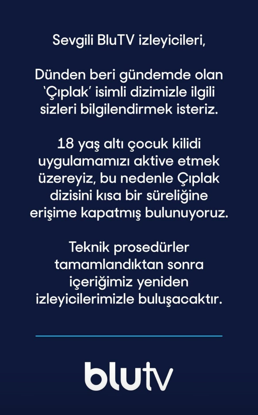 BluTV, yayından kaldırılan 'Çıplak' dizisi hakkında açıklama yaptı