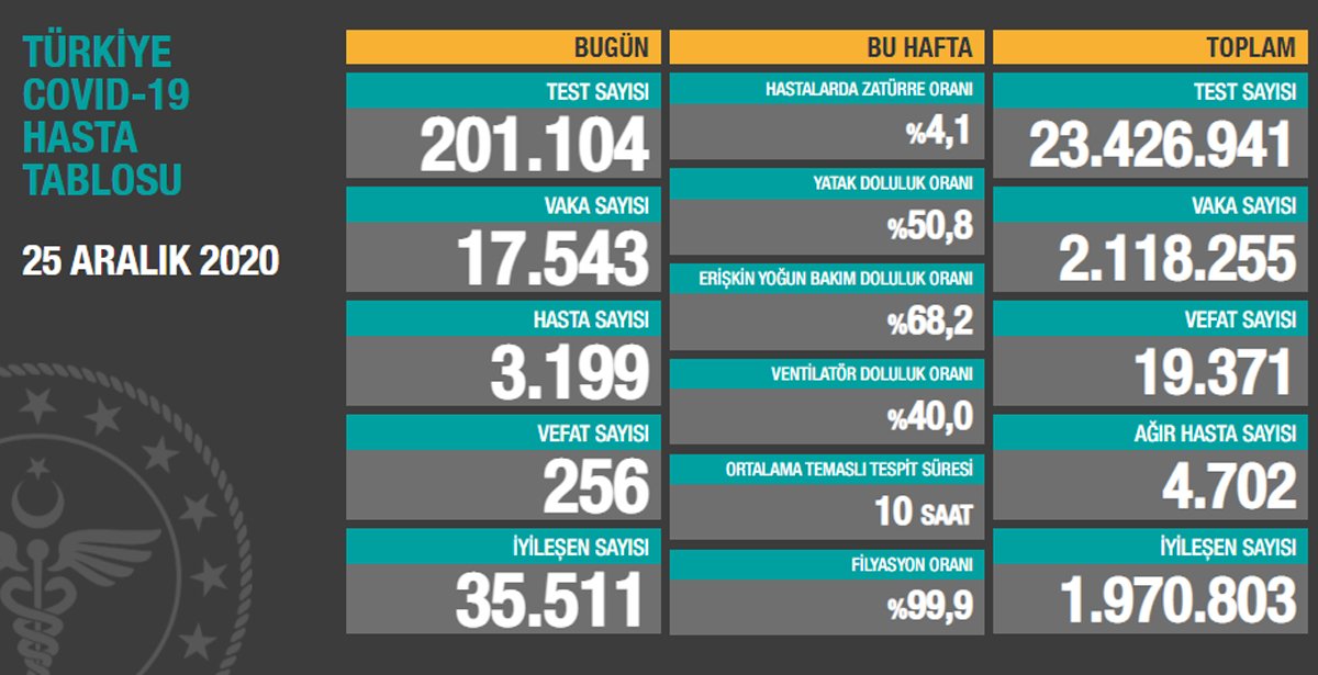 25 aralık Koronavirüs tablosu açıklandı: Son 24 saatte 256 can kaybı! 3 25 aralık Koronavirüs tablosu açıklandı: Son 24 saatte 256 can kaybı!