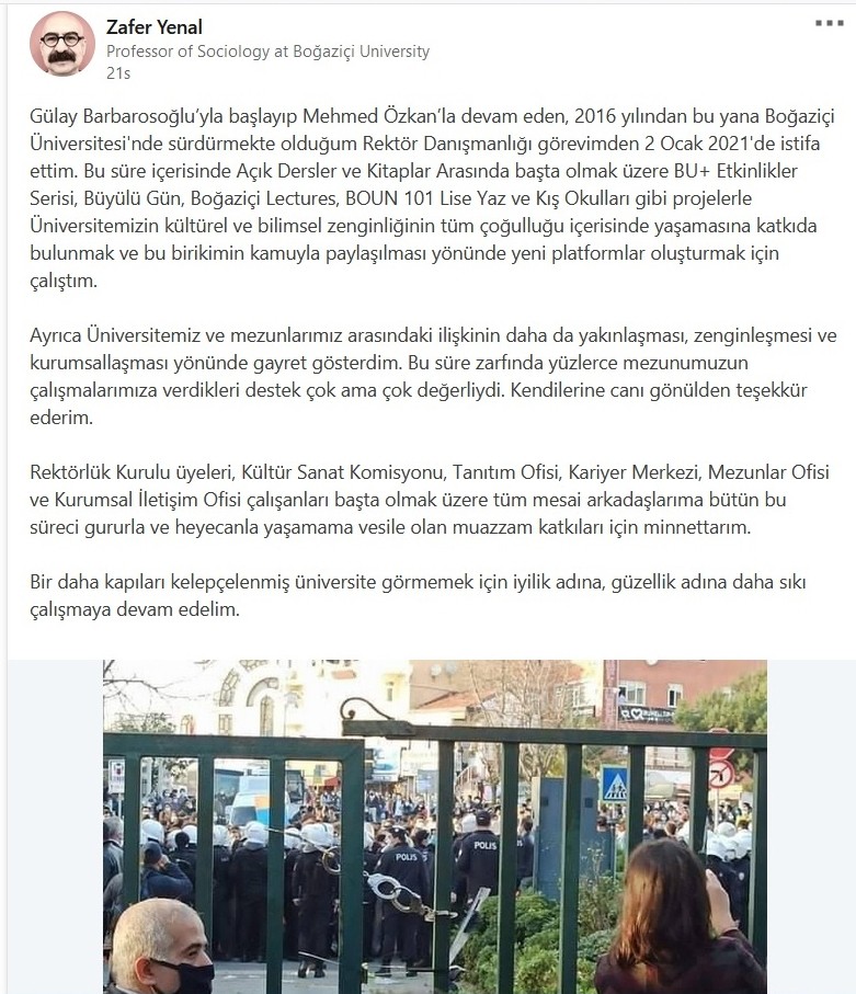 Boğaziçi Üniversitesi Rektör Danışmanı Zafer Yenal görevinden istifa etti