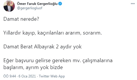 Berat Albayrak'ın ailesine çağrı: Kayıp ve kaçırılma başvurusu olursa çalışmalara başlarız