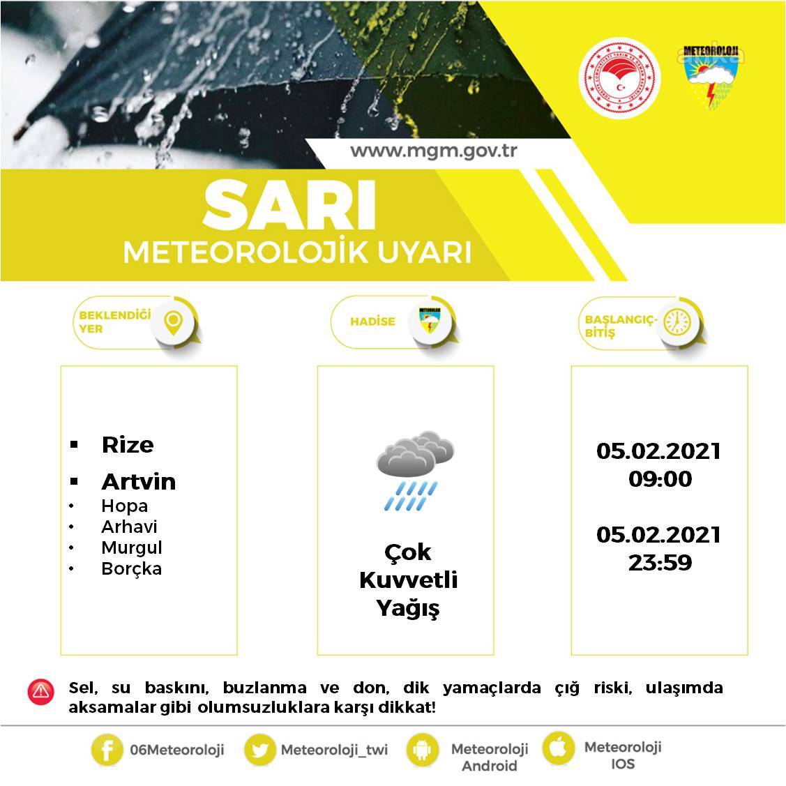 Meteoroloji kuvvetli yağış, su baskınları ve çığlara karşı uyardı