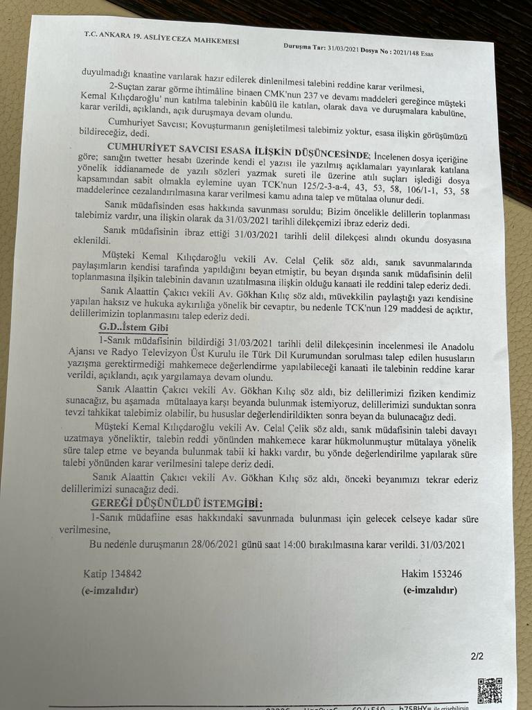 Kılıçdaroğlu'na hakaret ve tehditlerde bulunan Alaattin Çakıcı'nın davasında yeni gelişme