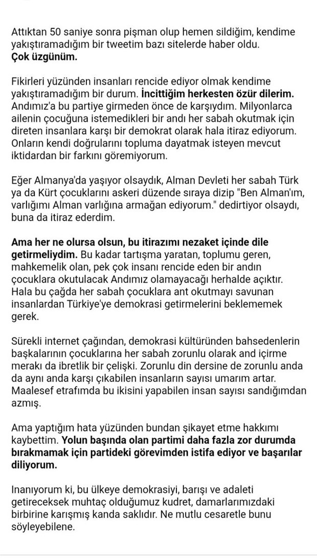 'Andımız' için 'hayvani ihtiyaç' diyen Deva Partili Aksoy istifa etti