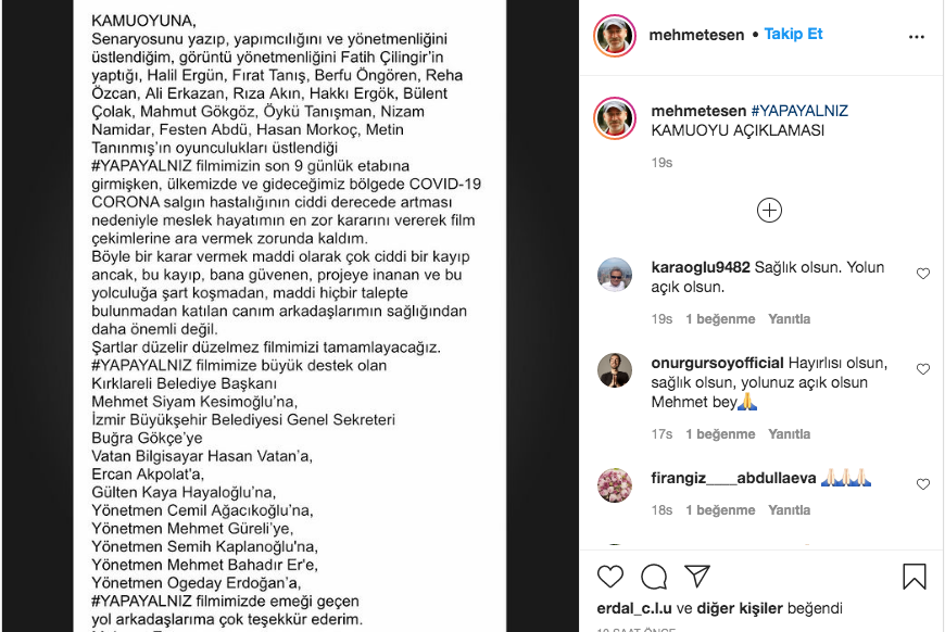 Koronavirüs engeline takıldılar: Mehmet Esen, Yapayalnız filminin çekimlerini durdurdu