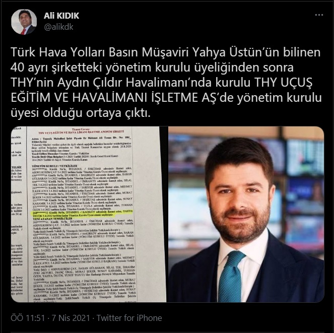 Bilal Erdoğan'ın lise arkadaşı THY Basın Müşaviri Yahya Üstün, 41’inci şirkete de yönetim kurulu üyesi oldu