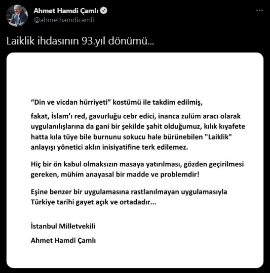 AKP'li Ahmet Hamdi Çamlı: "Laiklik hiçbir ön kabul olmaksızın masaya yatırılmalı, gözden geçirilmeli"