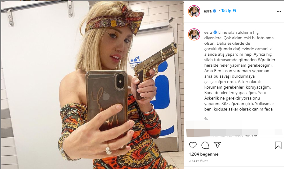 Ciciş kardeşlerden Esra, eline silah alıp paylaştı: Yollasınlar beni Kudüs'e asker olarak canım feda!