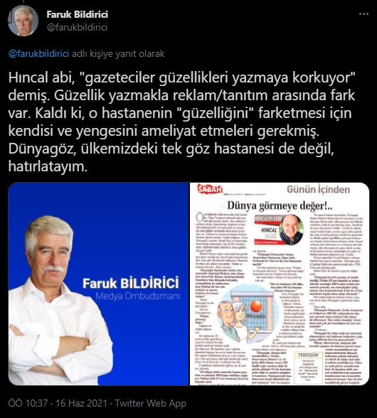 Medya Ombudsmanı Faruk Bildirici'den Hıncal Uluç'a reklam tepkisi: '"Ameliyat için ücret ödediniz mi? Fatura?"