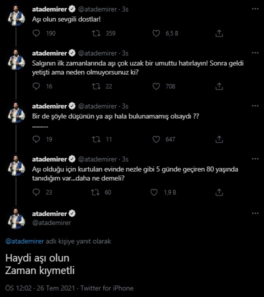 Ata Demirer'den aşı çağrısı: 'Aşı olduğu için kurtulan 80 yaşında tanıdığım var'