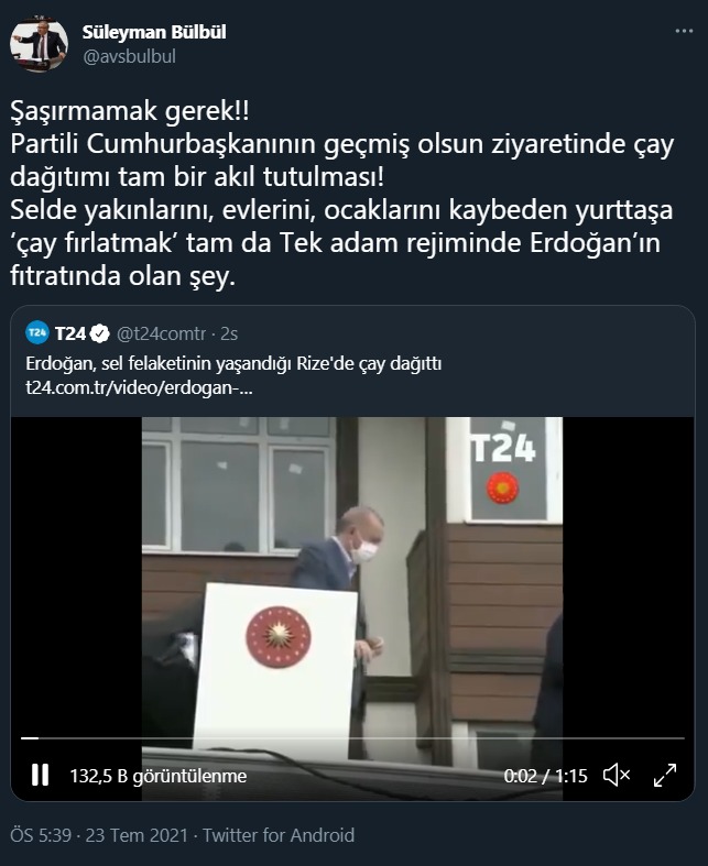 Sel felaketi yaşanan Rize'de çay dağıtan Erdoğan'a CHP'li Bülbül'den tepki