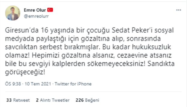 'Sedat Peker' paylaşımı yapan 16 yaşındaki genç gözaltına alındı 3 'Sedat Peker' paylaşımı yapan 16 yaşındaki genç gözaltına alındı