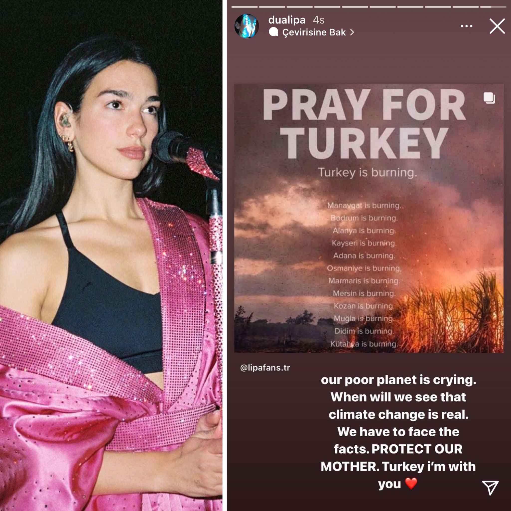 Dua Lipa’dan Türkiye’ye destek: Doğa anayı koruyun. Seninleyim Türkiye!