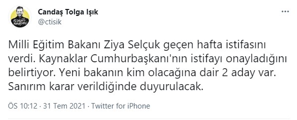 'Ziya Selçuk istifa etti, Erdoğan kabul etti'