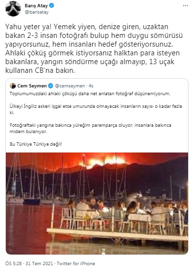 Barış Atay'dan Cem Seymen'in 'yemek' paylaşımına sert tepki: Ahlaki çöküş görmek istiyorsanız 13 uçak kullanan CB’na bakın