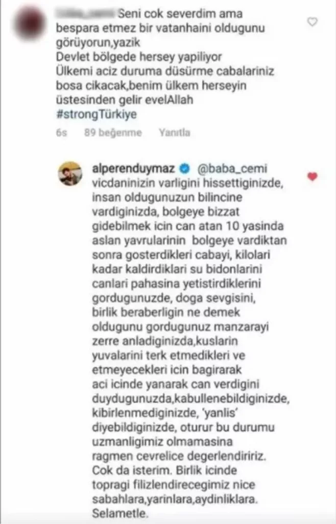 Yangın söndürme çalışmalarına yardım eden Alperen Duymaz'dan 'vatan haini' yorumuna yanıt