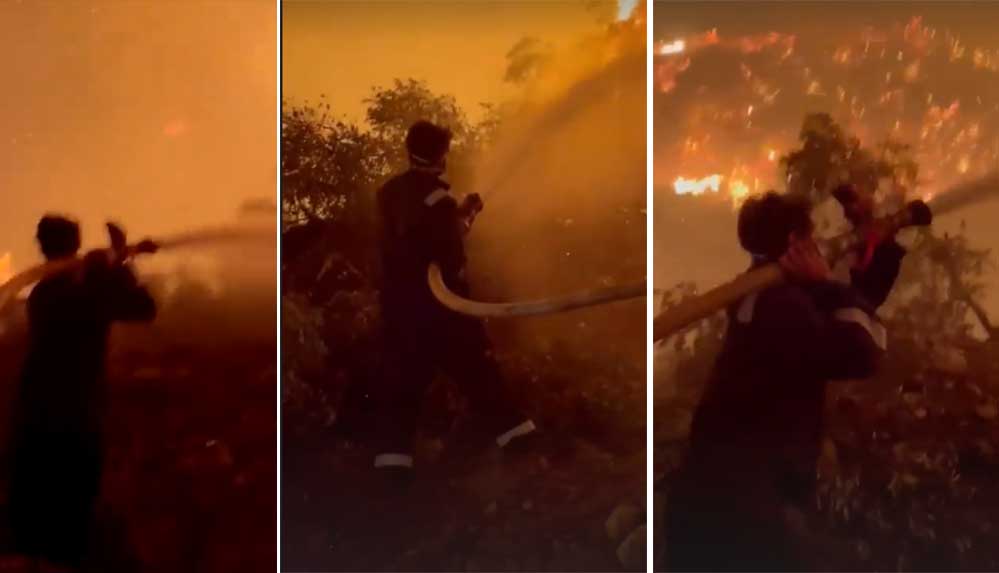 Oyuncu İbrahim Çelikkol yangın bölgesinde alevlere müdahale ediyor