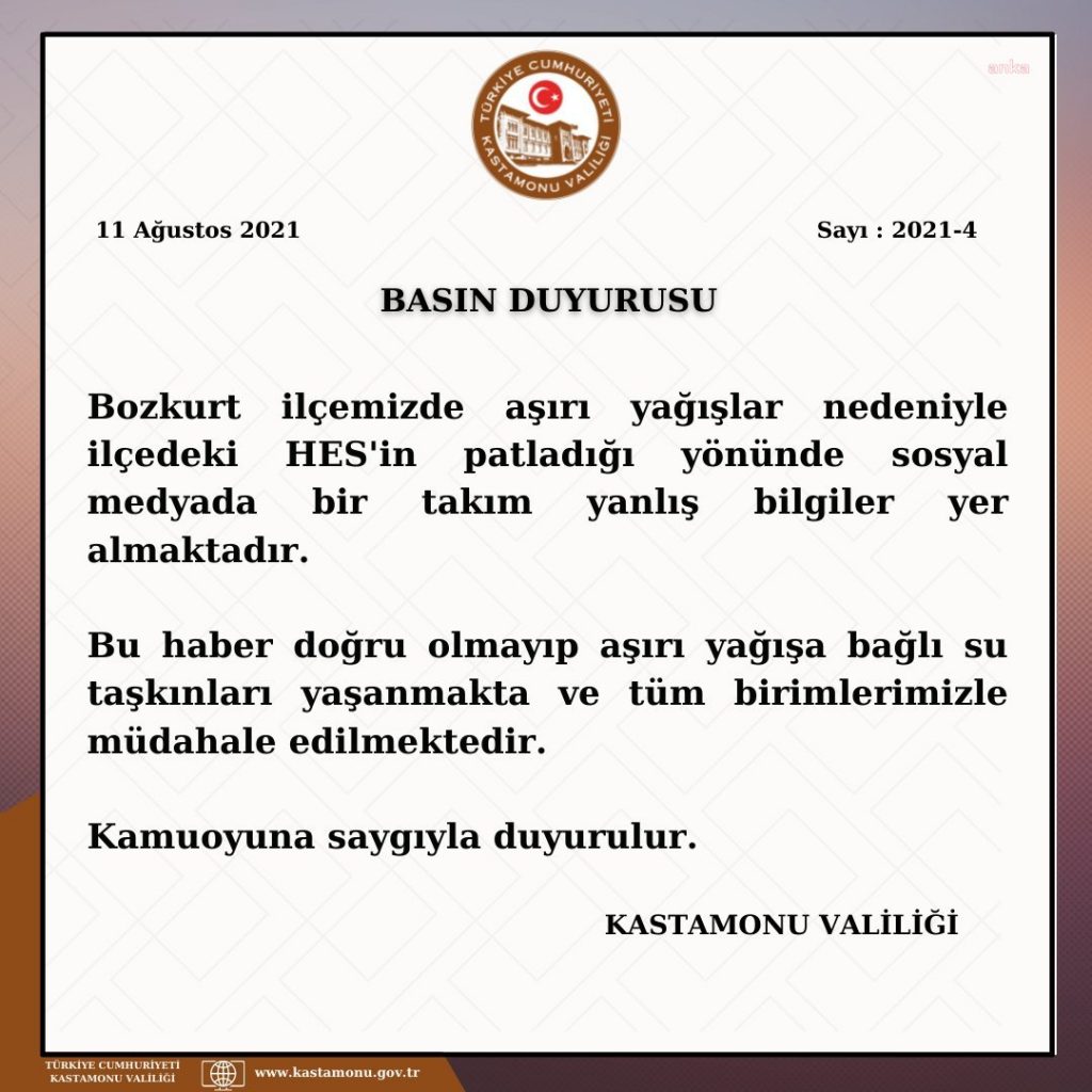 Kastamonu Valiliği'nden HES açıklaması: "Aşırı yağışa bağlı su taşkınları yaşanmaktadır"