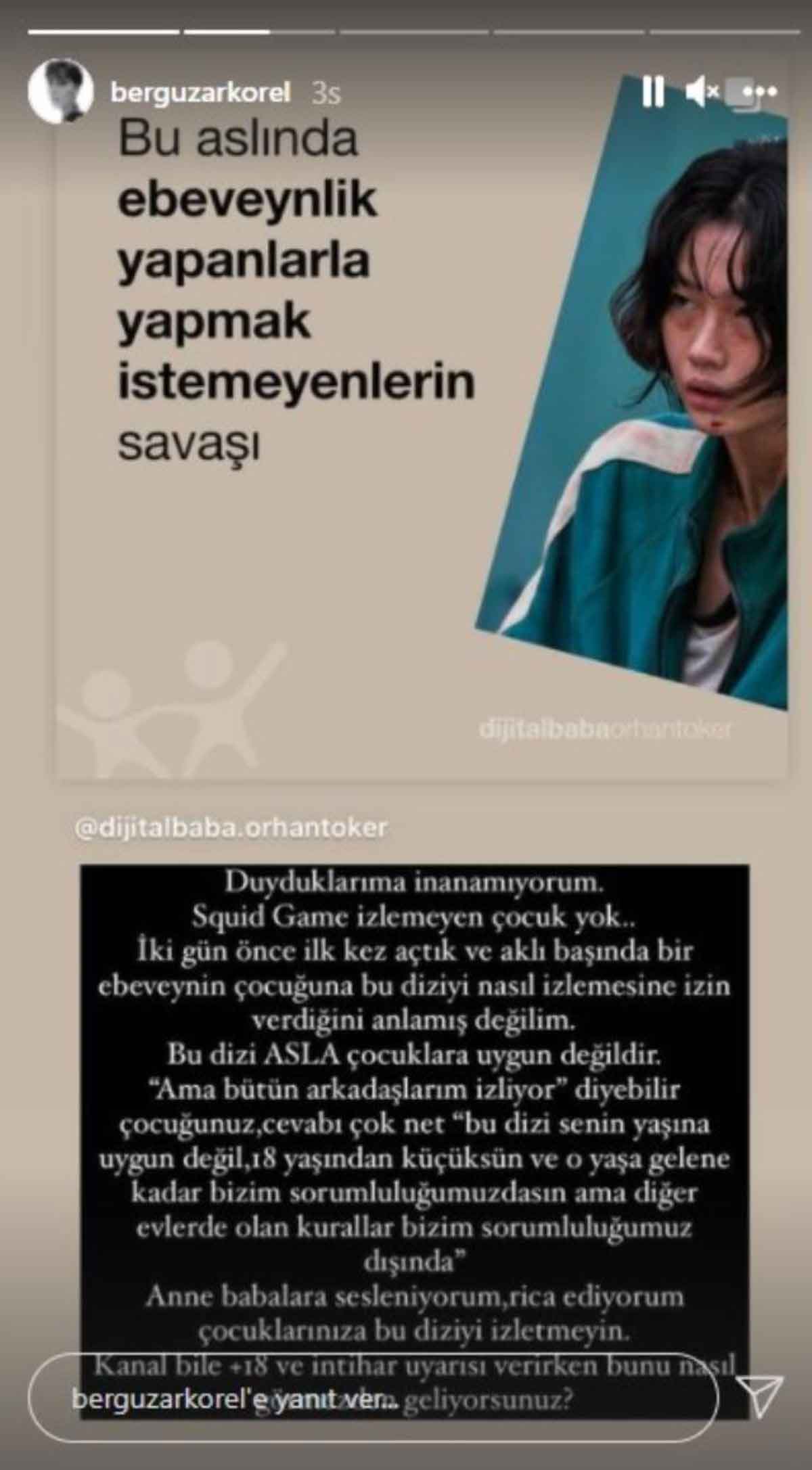 Bergüzar Korel'den 'Squid Game' uyarısı: "Çocuklarınıza bu diziyi izletmeyin"
