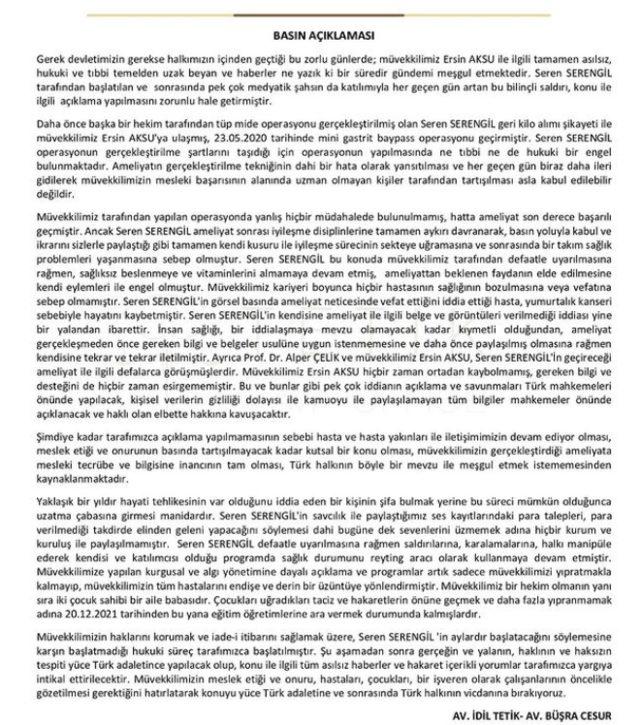 Seren Serengil'in suçladığı eski doktoru, açıklama yaptı