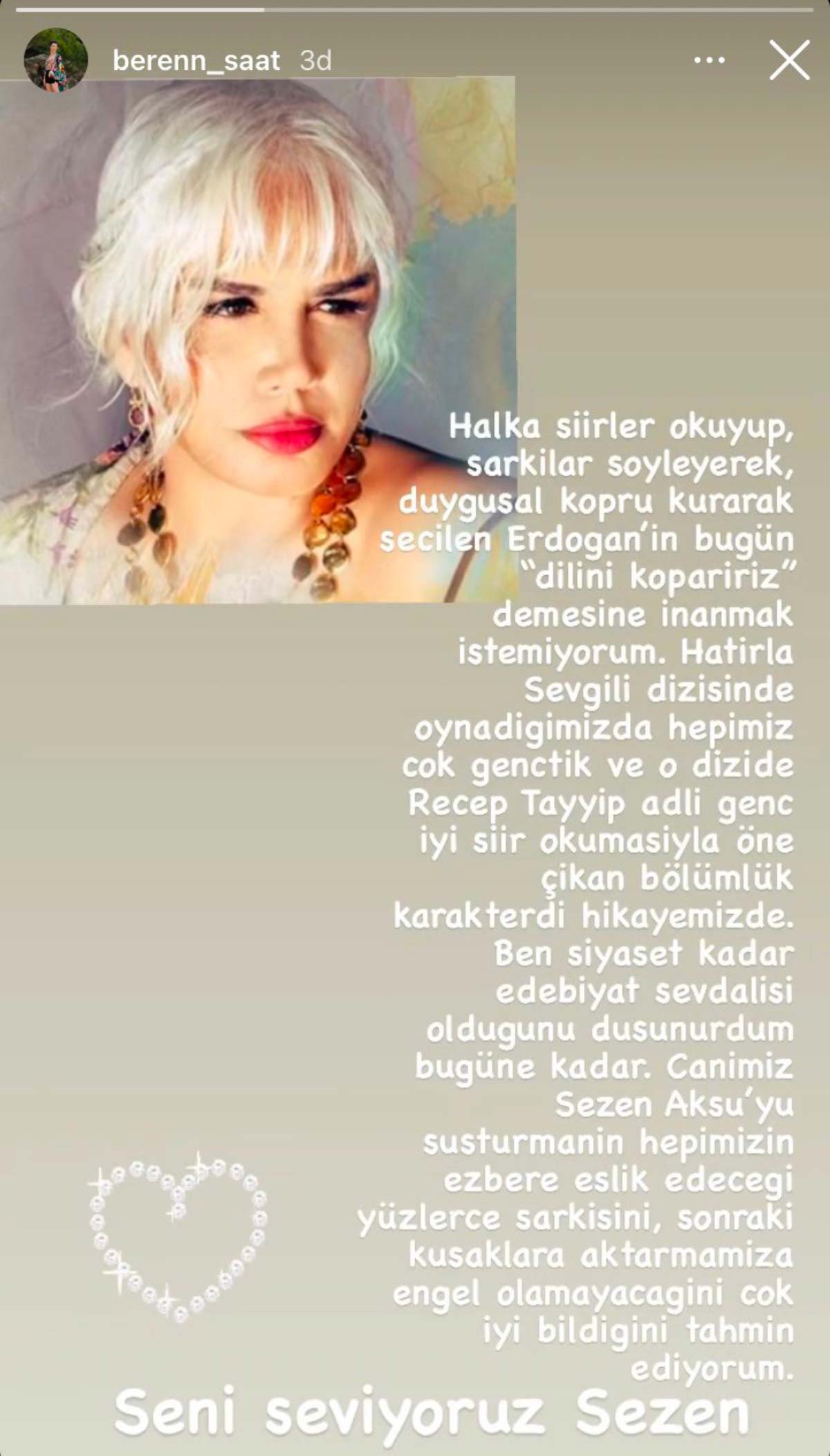 Beren Saat'ten, Sezen Aksu’yu hedef alan Erdoğan'a tepki: 'Halka şiirler okuyup, şarkılar söyleyerek seçilen...'