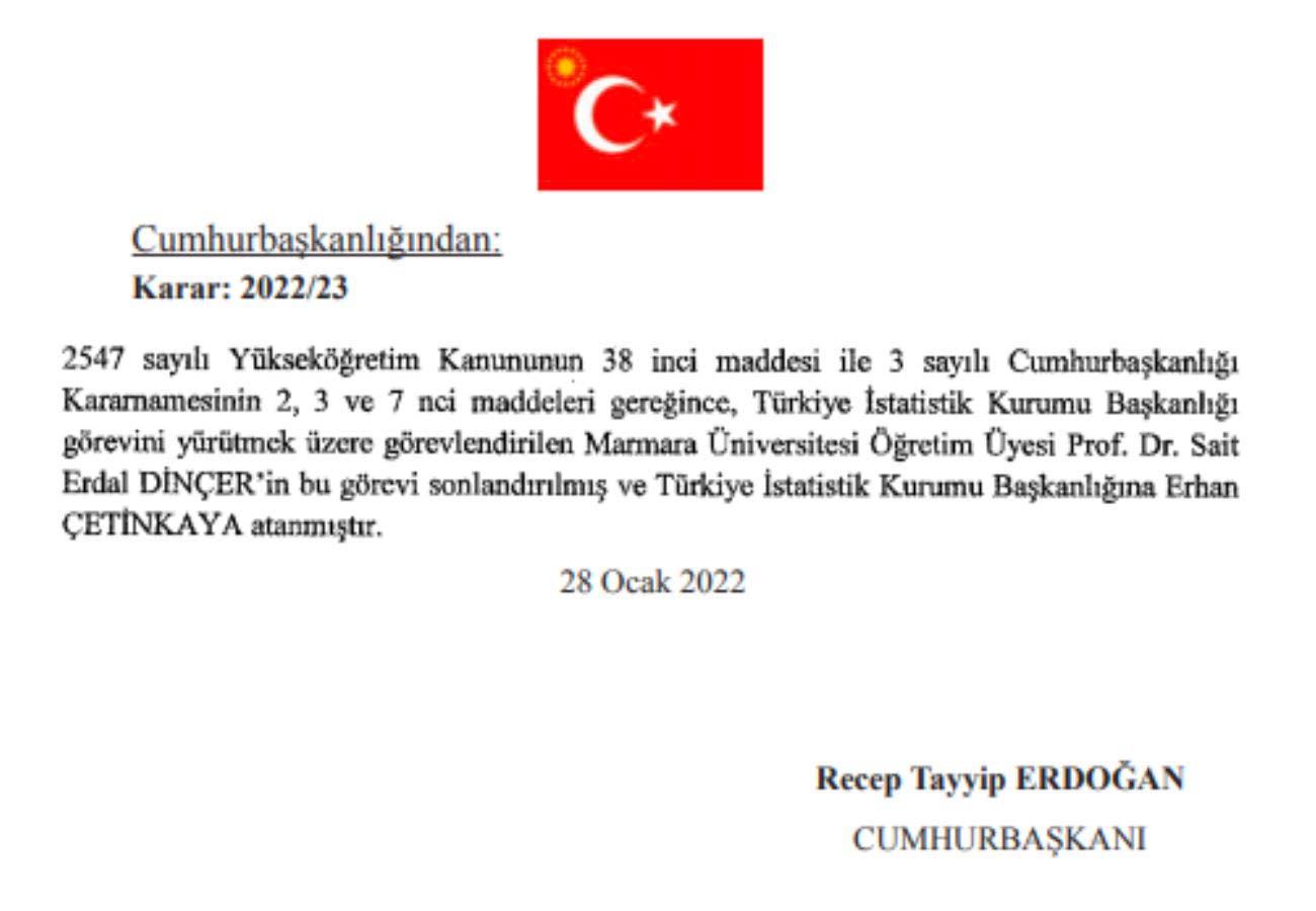 TÜİK Başkanı Sait Erdal Dinçer görevden alındı