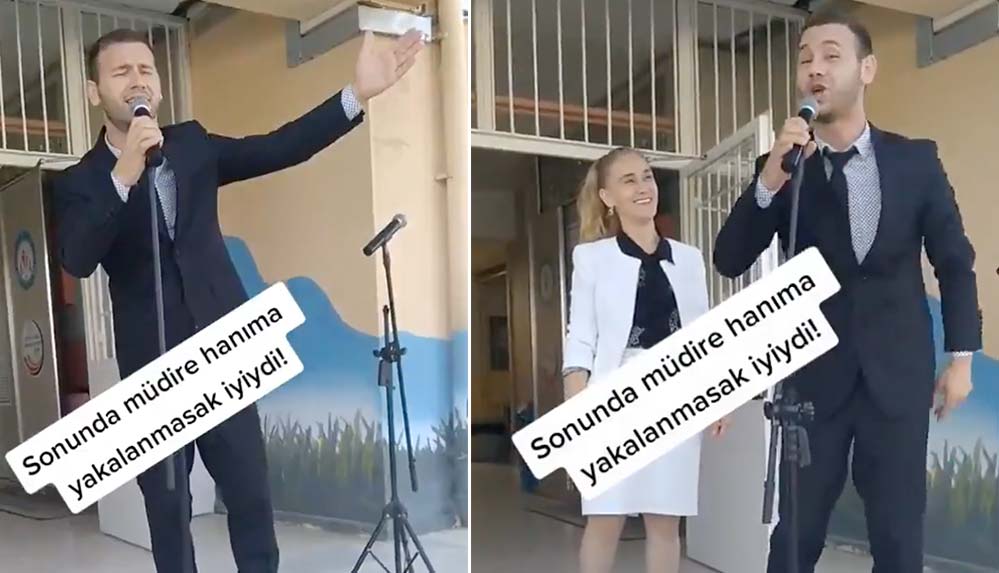 Törenden-önce-öğrencilere-şarkı-söyleyen-öğretmen,-'müdire-hanım'a-yakalandı