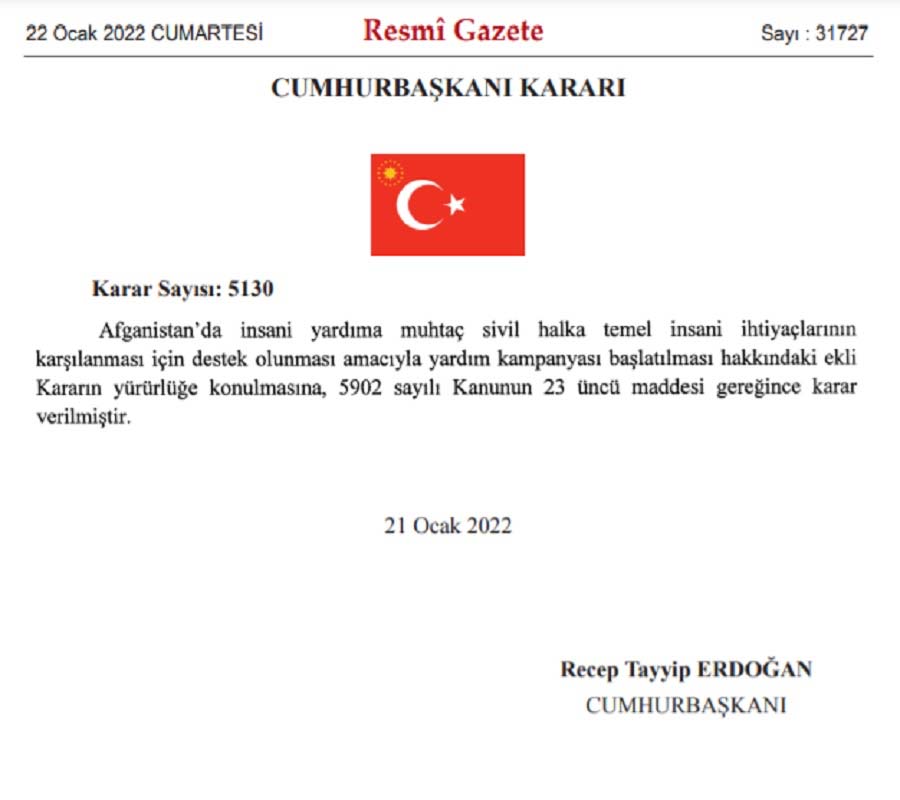 Türkiye'den Afganistan için yardım kampanyası Resmi Gazete'de