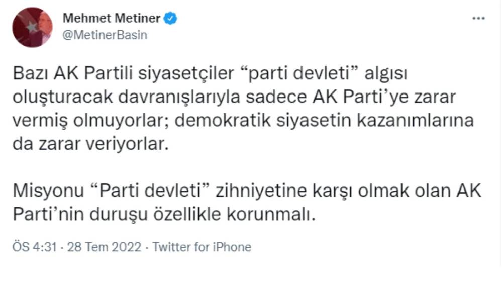 AKP'li Mehmet Metiner: Bazı AK Partili siyasetçiler 'parti devleti' algısı oluşturacak davranışlarıyla sadece AK Parti’ye zarar vermiş olmuyorlar