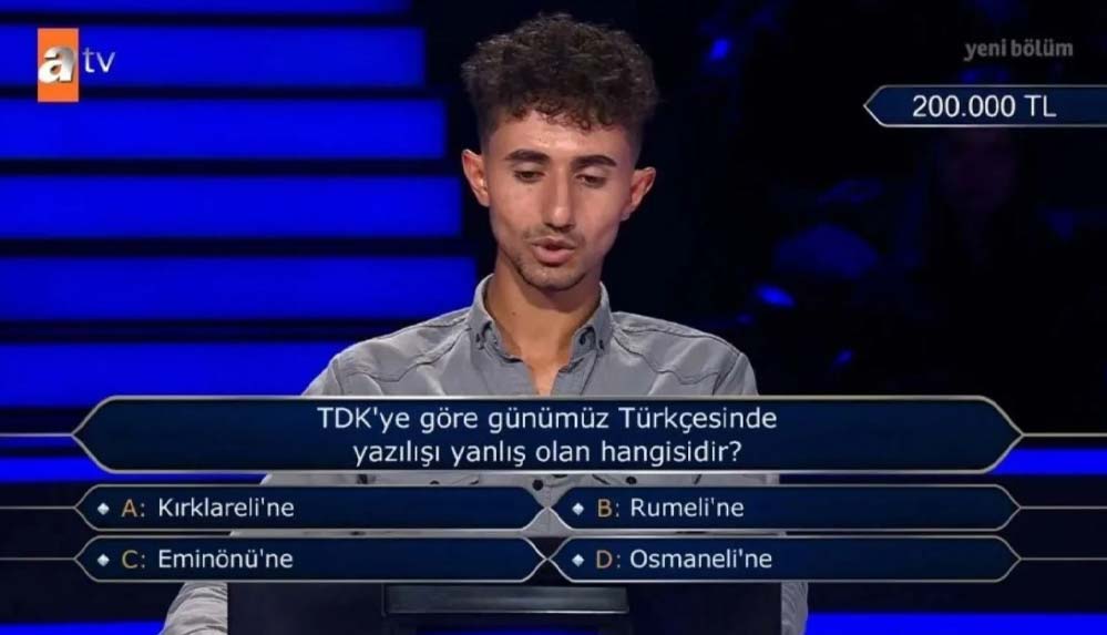 Kim Milyoner Olmak İster'de 200 bin liralık 'TDK' sorusu: Hangisinin yazımı yanlıştır?