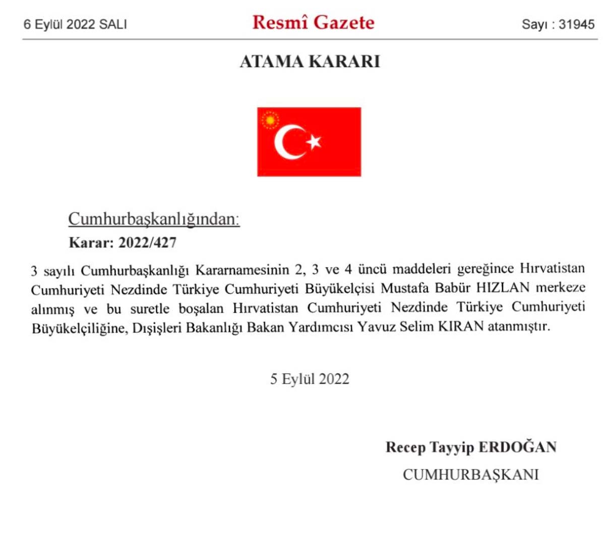 Resmi Gazete'de yayımlandı: Hırvatistan Büyükelçiliği'ne yeni atama