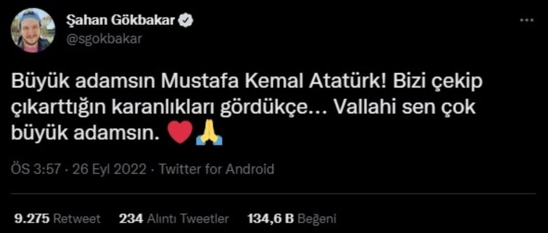 Şahan Gökbakar'dan 'Atatürk' paylaşımı: 'Bizi çekip çıkarttığın karanlıkları gördükçe…'