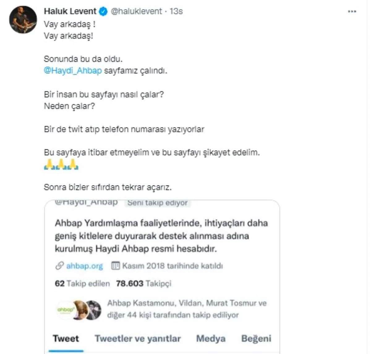 Haluk Levent, AHBAP'ın hesabının çalındığını duyurdu, istenilen para miktarını paylaştı