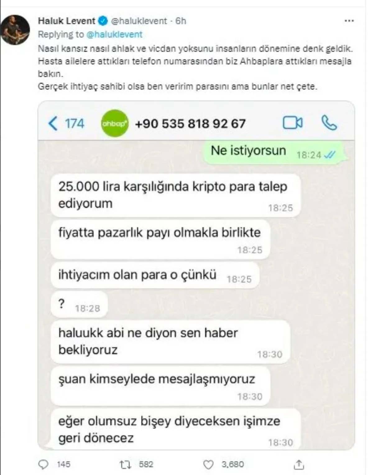 Haluk Levent, AHBAP'ın hesabının çalındığını duyurdu, istenilen para miktarını paylaştı