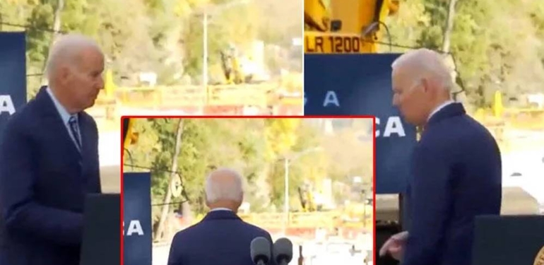 Joe Biden bu sefer de arkasını dönüp boşlukla sohbet etti, yolunu bulamayınca kürsüden inemedi
