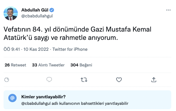 Abdullah Gül, Atatürk’ü tek cümleyle andı; Paylaşımını yorumlara kapattı